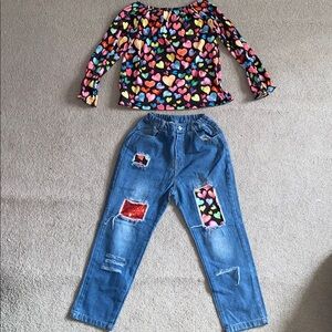 Colorful Heart Print Top and Distressed Jeans Set